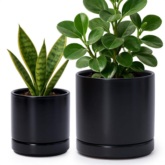 D'vine Dev 4.7 Inch & 6.5 Inch Ceramic Planter Pots for Plants with Drainage Hole and Saucer, Small Plant Pots Set, Black, 94-G-S-2