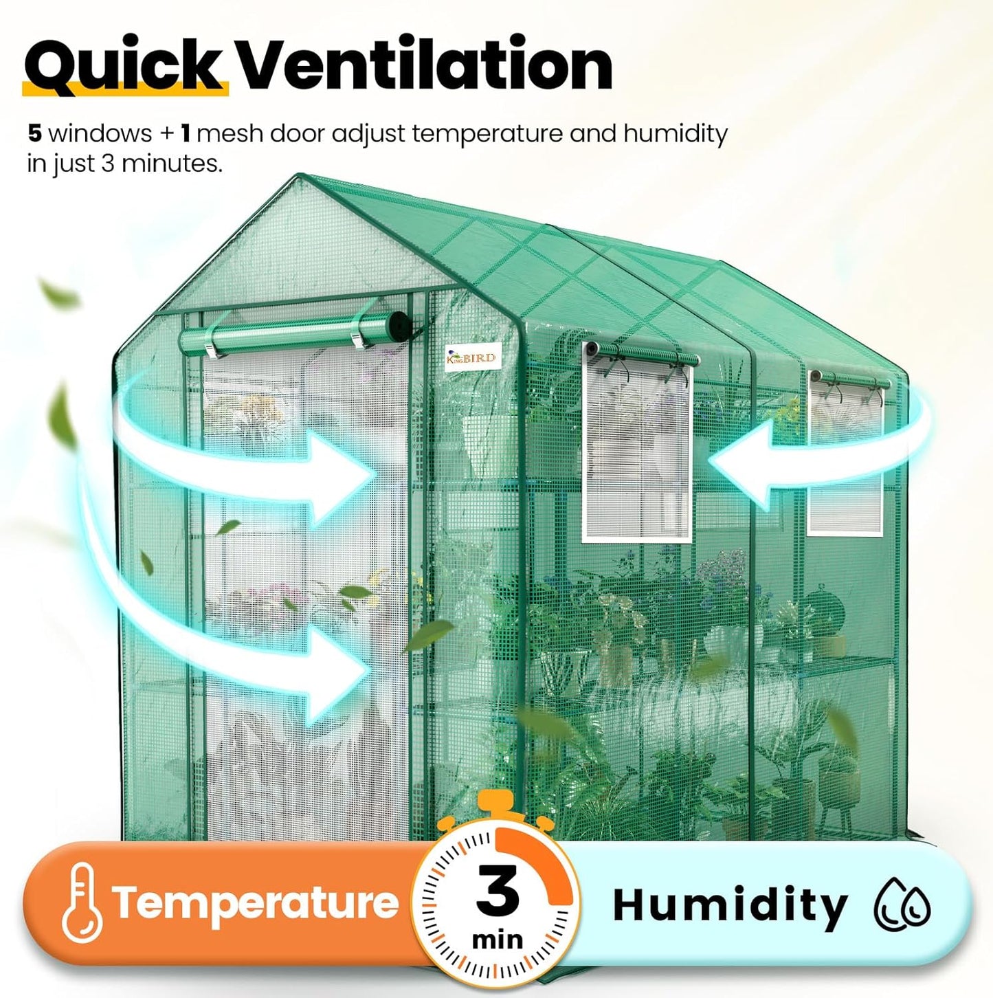 KING BIRD Premium Greenhouse for Outdoors, 84 x 56 x 77 Upgraded PE Cover & Steel Frame Walk in Hot House, w/ Zippered Screen Windows Mesh Door, 3 Tiers 20 Shelves for Outside Garden, Green