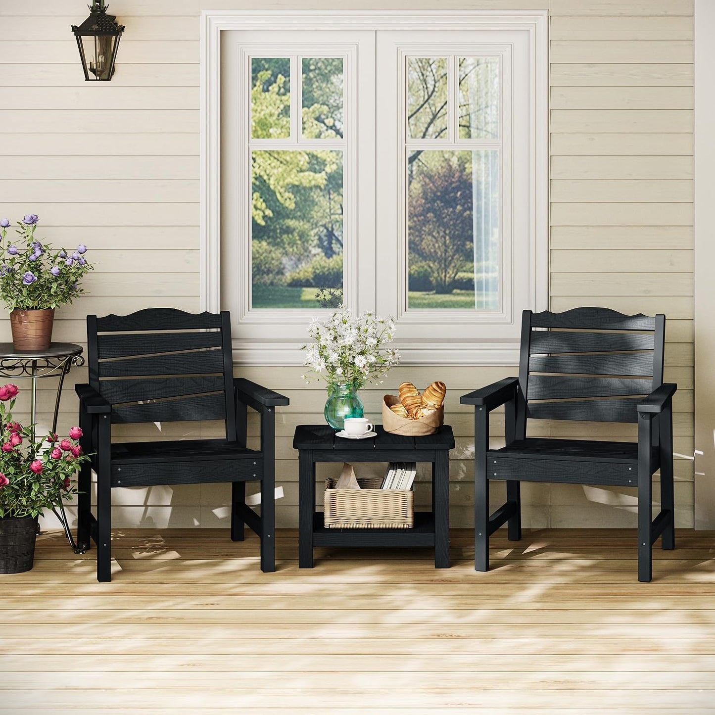 Patio Chairs Set of 2, Weatherproof HIPS Outdoor Dining Chair with Ergonomics Wide Seat, 400lbs Capacity Outdoor Chairs for Garden, Porch, Lawn & Backyard, Black