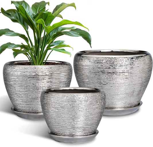 Ceramic Planters - 10 Inch 8 Inch 6 Inch Plant Pots Indoor with Drainage Holes and Saucer Mid-Century Large Planters Outdoor Flower Pots for Home Decor Set of 3 Silver