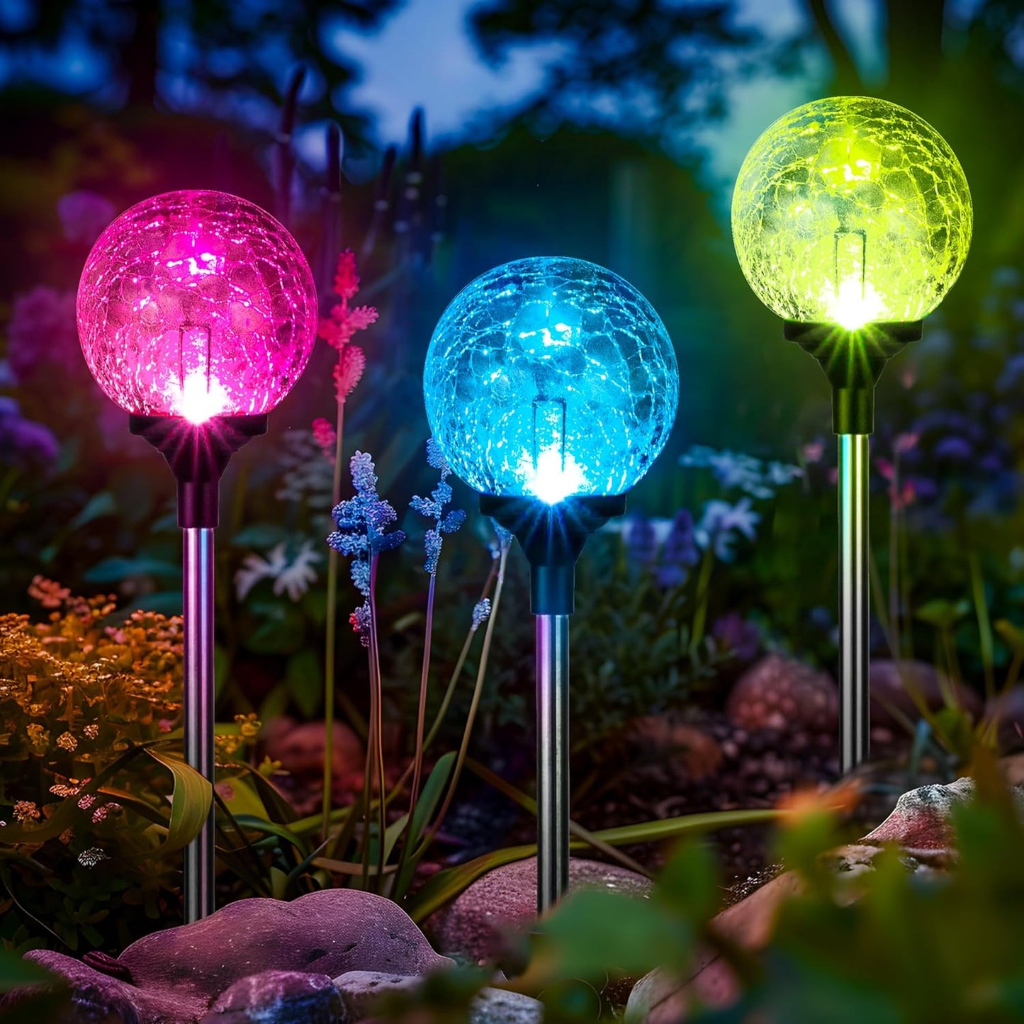 GIGALUMI Solar Garden Lights Outdoor Decorative for Yard 3 Pack, Solar Globe Lights Outdoor Waterproof, Multi-Colored Changing Garden Globes Cracked Glass Ball with LED Lights
