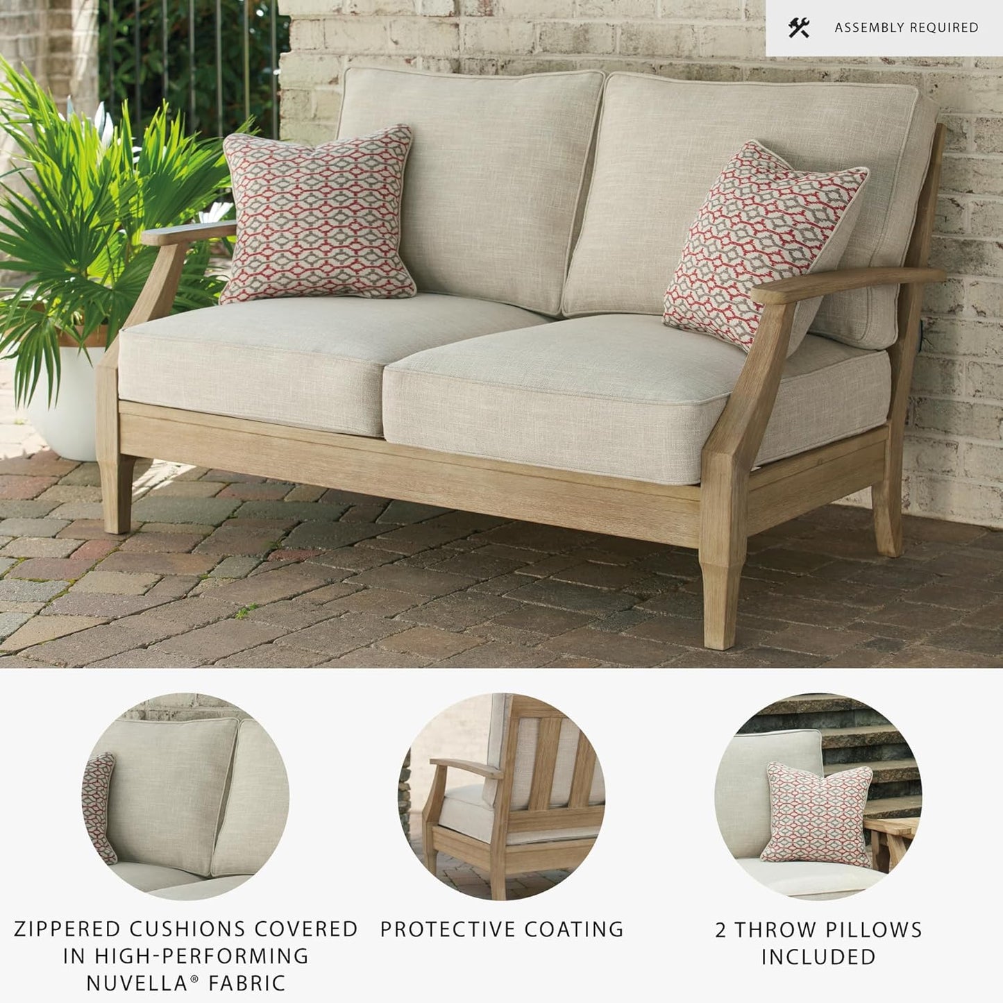 Signature Design by Ashley Clare View Coastal Outdoor Patio Eucalyptus Loveseat with Cushions, Beige