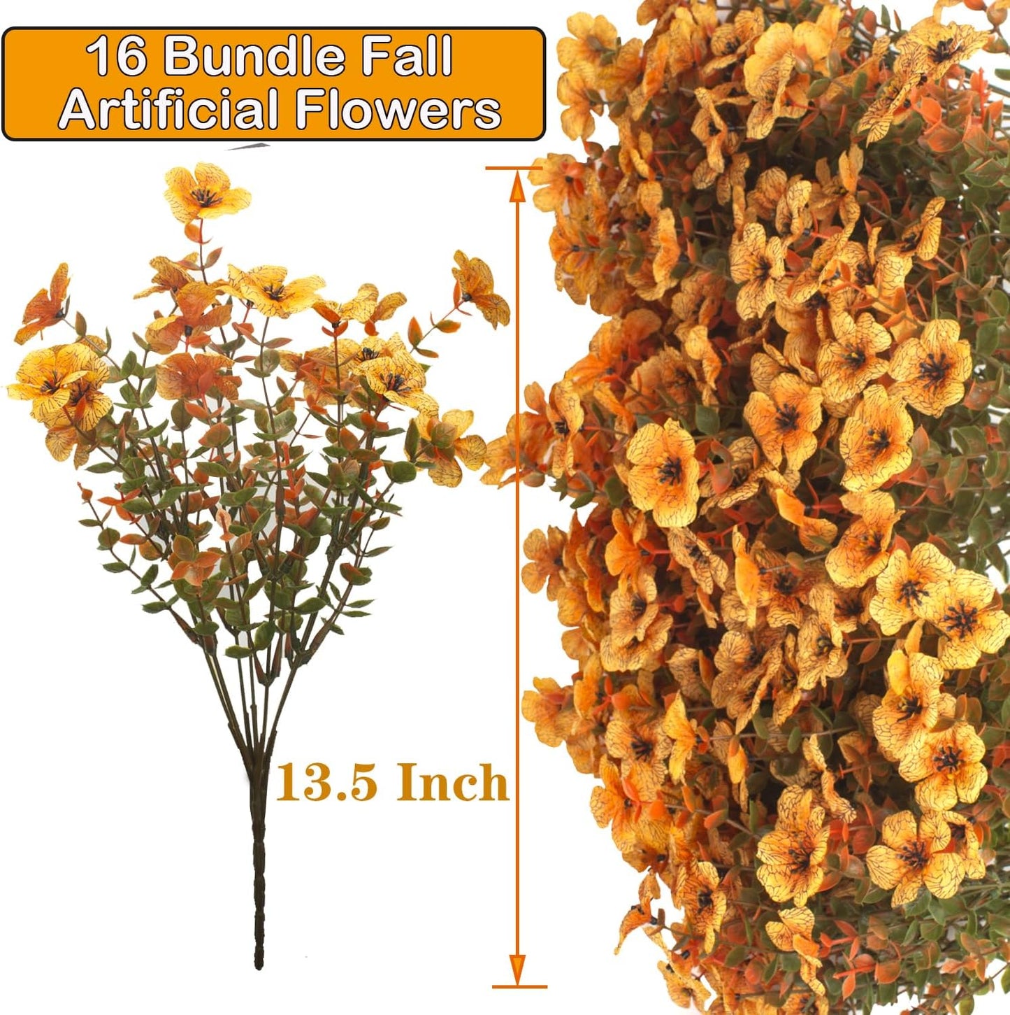 16 Bundles Artificial Fall Flowers UV Resistant Faux Greenery, All Weather Outdoor Autumn Decor for Thanksgiving Christmas Wedding Home Garden Fireplace Party Décor (Fall Orange Yellow)