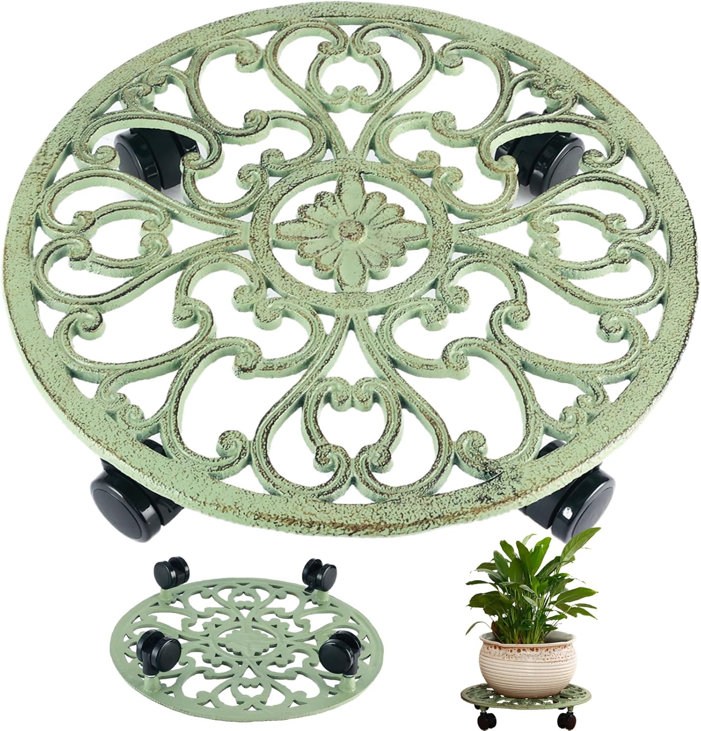 14 Inch Rolling Plant Stand with Wheels Metal Plant Caddy with Wheels Heavy Duty Round Plant Stand Indoor Iron Plants Rollers for Plants, Retro Green Plant Dolly 1 Pack