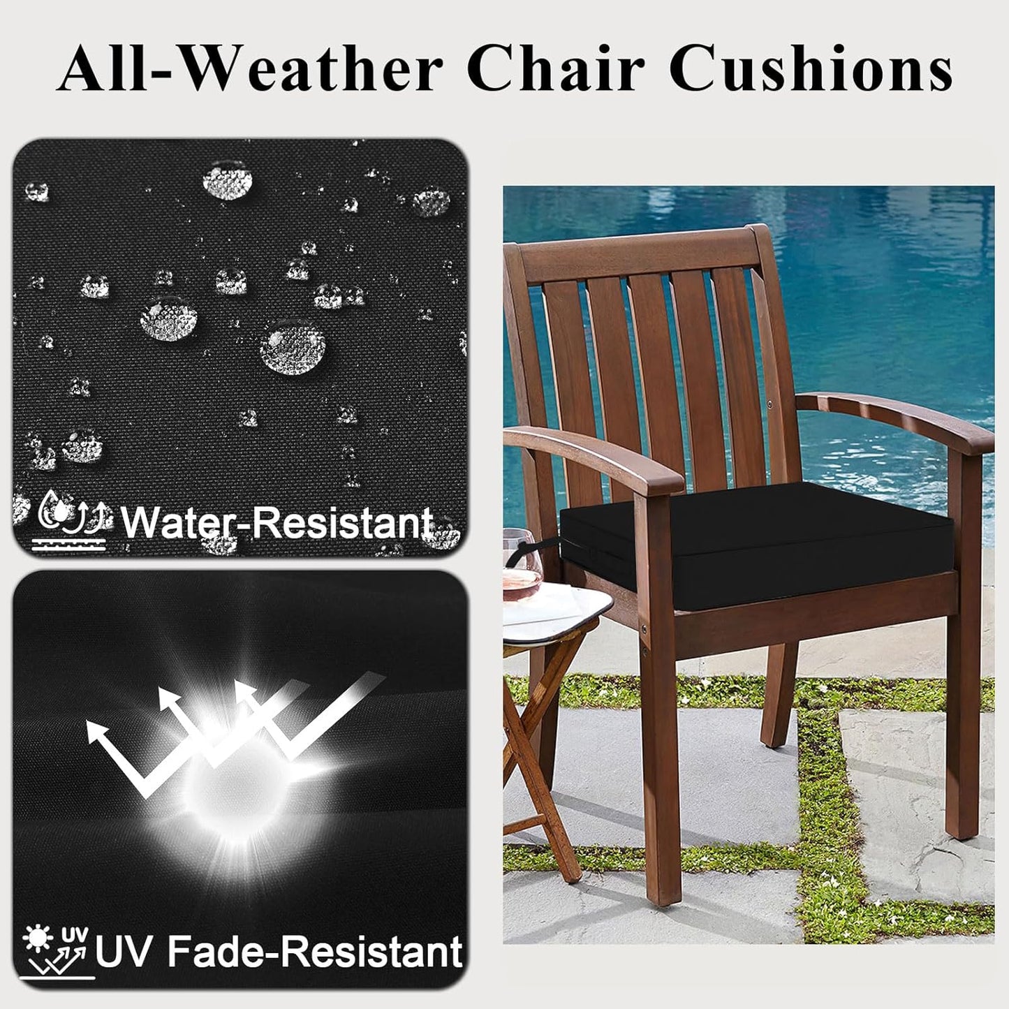 Outdoor Chair Cushions Set of 2 for Patio Furniture 24x24x4 Inch Waterproof Patio Chair Cushion 3 Year Color Fastness Square Elastic Foam Garden Couch Pads with Ties and Handle,Black