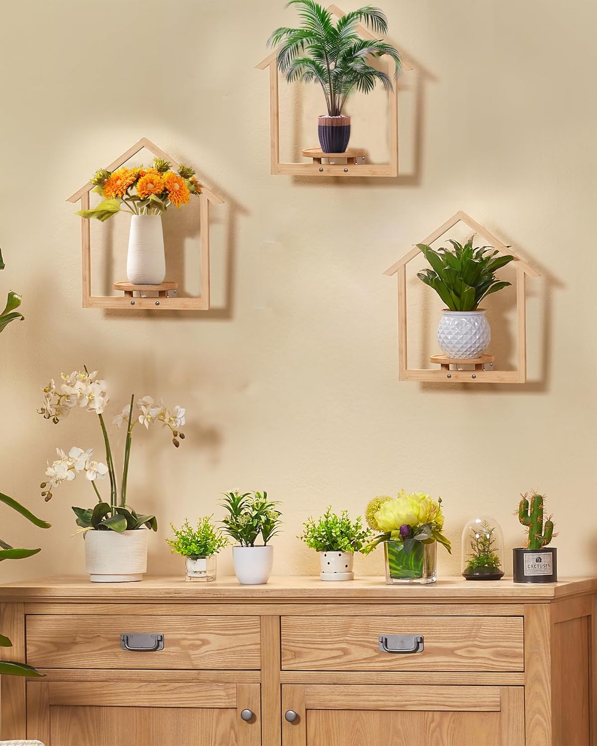 yadoker Wall Planters for Indoor Plants,Bamboo Hanging Plant Holders in a House Shape, Wall Decor Plant Stand, 3-Pack Window Plant Shelves for Living Room & Entryway
