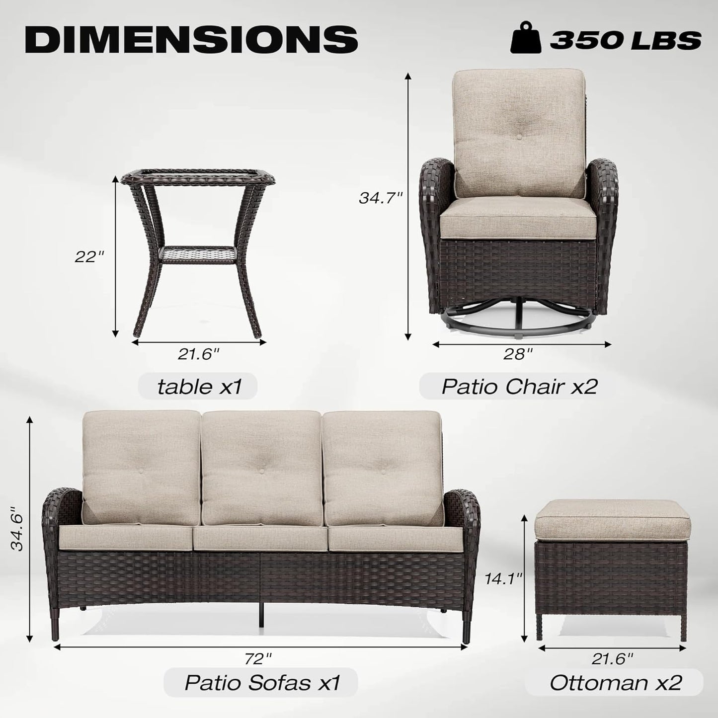 Joyside 6 Piece Patio Furniture Set, Outdoor Wicker Conversation Sets with Swivel Rocker Chairs and Sofa, Thick Cushion, Rattan Patio Sectional for Porch, Deck Use (Brown/Beige, 6 PCS)