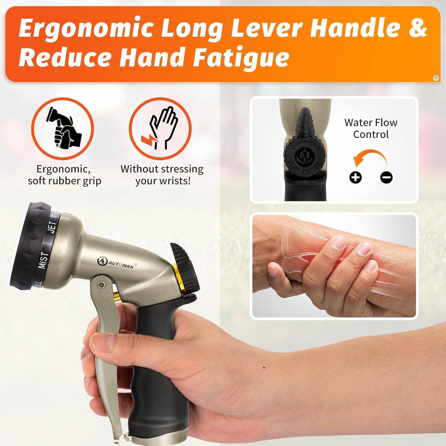 AUTOMAN Garden Hose Nozzle - 7 Patterns Sprayer, 100% Metal High Pressure Spray Nozzle, Labor-Saving Design, Heavy Duty Water Hose Nozzle for Garden Watering, Car Washing, Window Cleaning,Pets Bathing