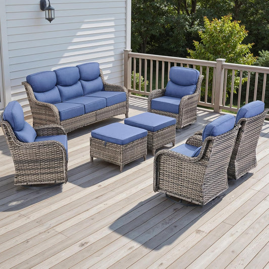 Wicker Outdoor Patio Furniture Set - 7 Piece Patio Conversation Sets with Swivel Rocker Chairs, Ottomans and Sofa, 6 inch Cushions, Waterproof Wicker, for Porch Deck Mixed Grey/Blue