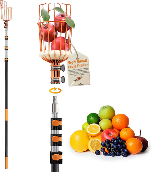 Fruit Picker Pole with Basket Telescoping 4-12 ft Apple Picker Extension Pole // Telescopic Fruit Tree Picker Tool for Picking Orange Mango Avocado Lemon Pear // The Ultimate High-Reach Fruit Grabber