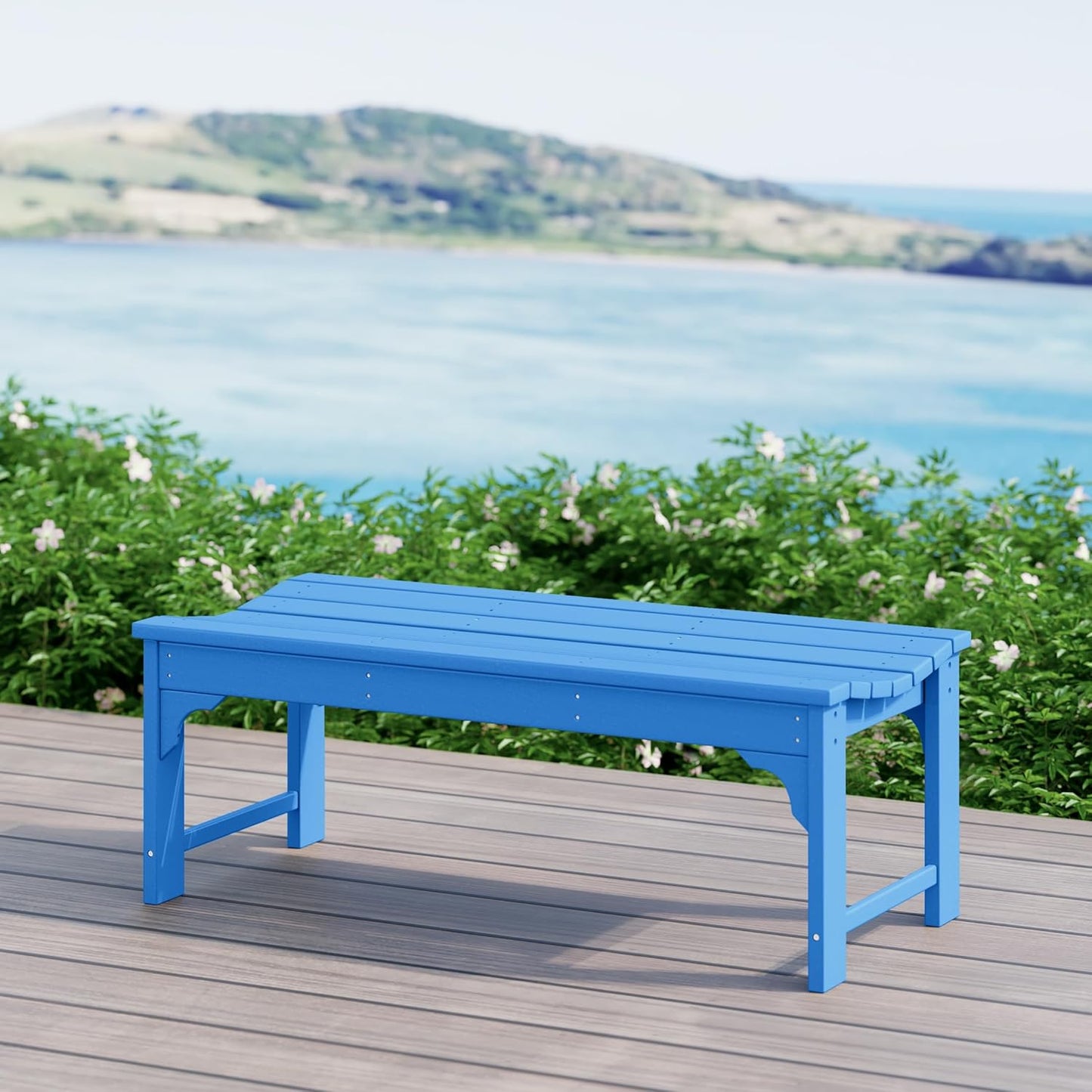 WestinTrends Malibu Outdoor Bench, All Weather Resistant Poly Lumber Backless Patio Garden Bench, Adirondack Curved Bench Seat for Comfort, Pacific Blue
