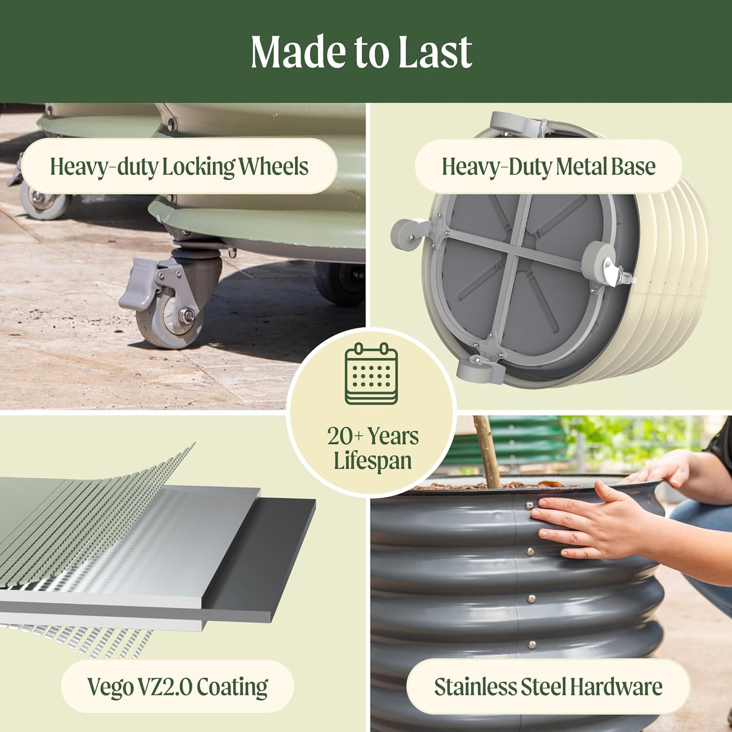 Vego garden Self-Watering Rolling Citrus Planter Raised Garden Bed Kits, Single Pack-Olive Green