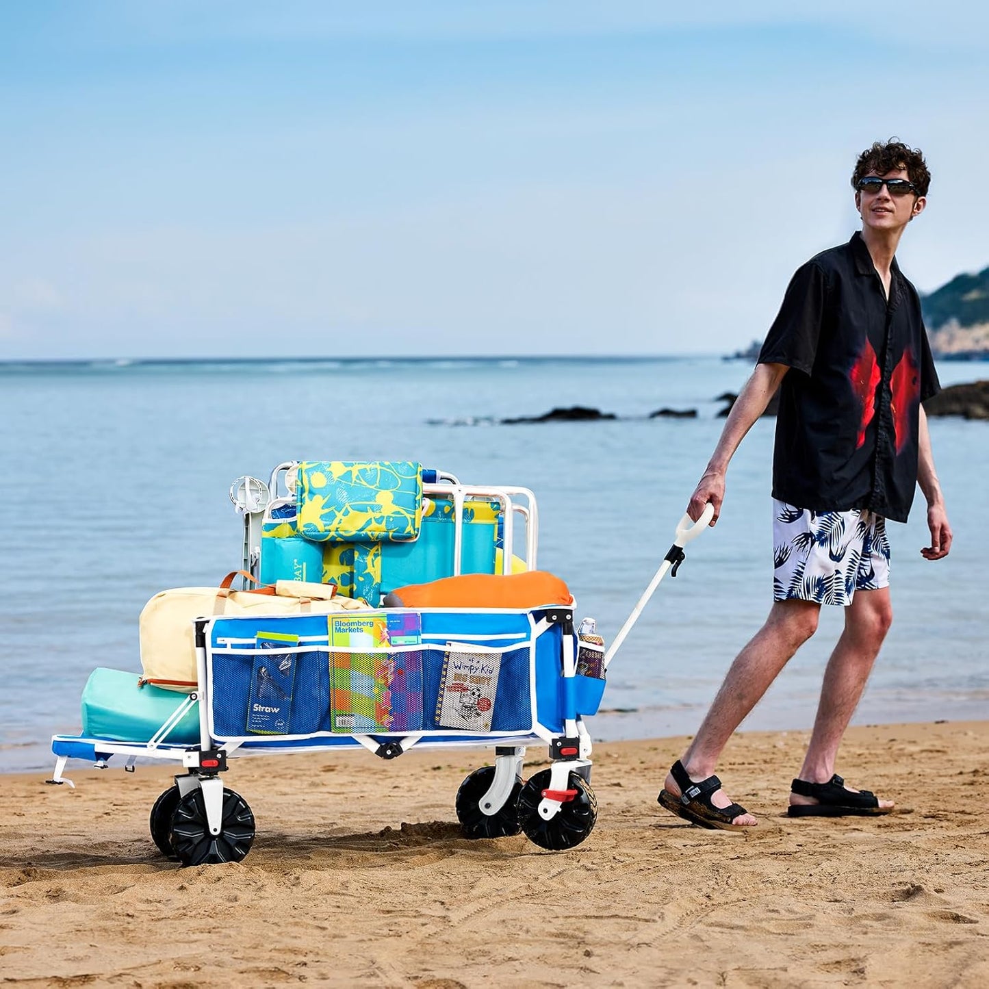 49" L Extra Long Beach Wagon with Tailgate,Big Wheels with Brake for Sand, Collapsible Utility Beach Cart Heavy Duty Folding Wagon,Ideal for Outdoor Sand Camping Garden Pet