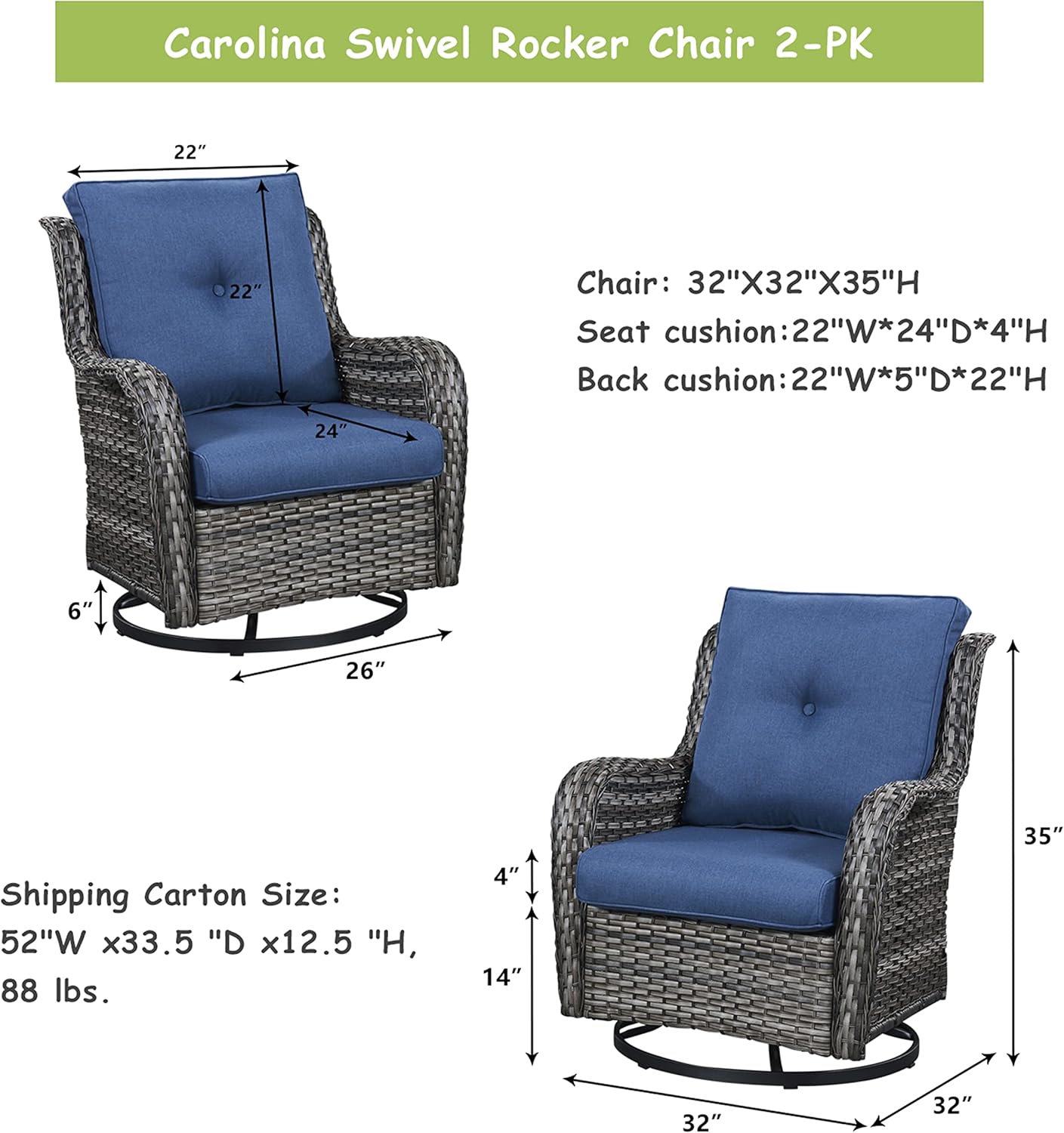 Outdoor Patio Swivel Rocker Chairs - Single Wicker Rattan Patio Swivel Rocking Chair with High Back,Deep Seating and Comfort Cushions for Deck Porch Garden,Mixed Grey/Blue
