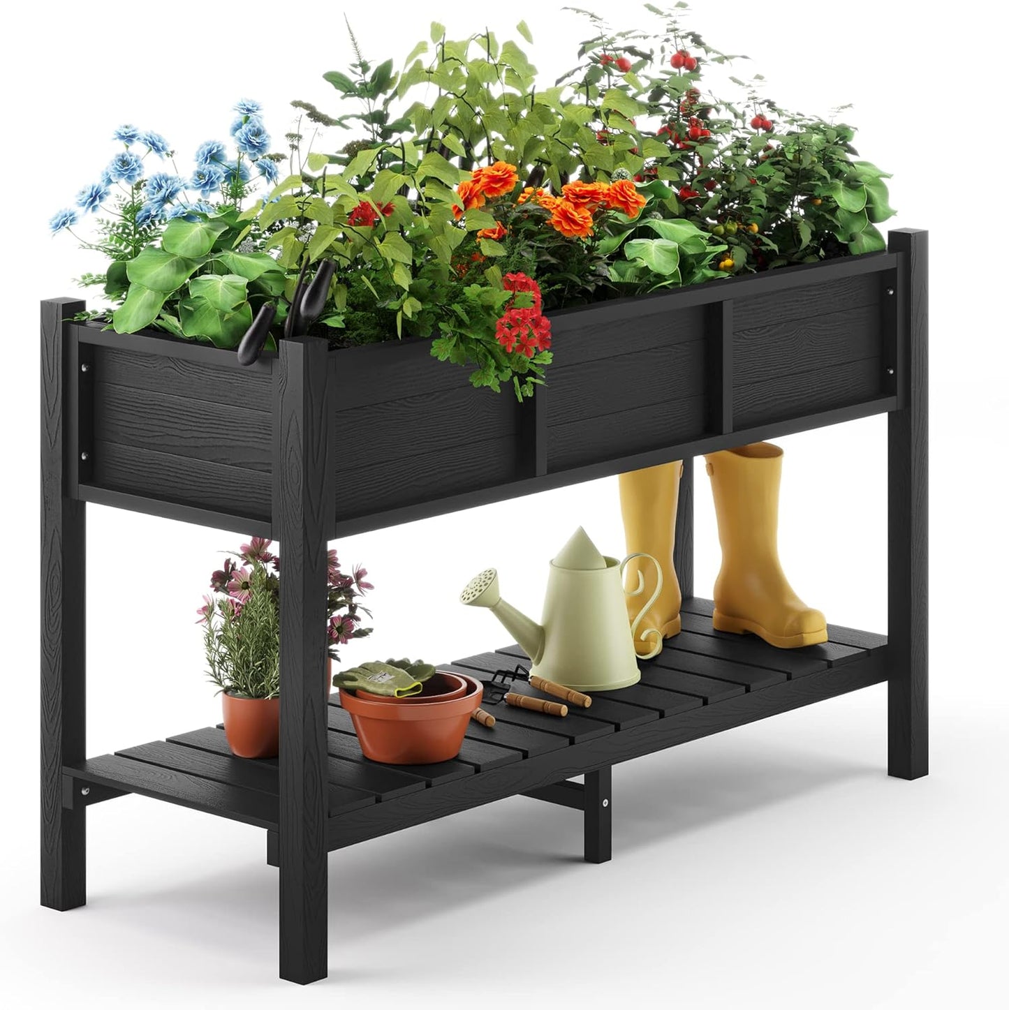 LUE BONA Raised Garden Bed with Tools, 47*18*29 in, Poly Elevated Planter Box with Legs And Storage Shelf, Weather Resistant, 3-Year Warranty, Standing Growing Bed Herb Planter for Vegetable, Black