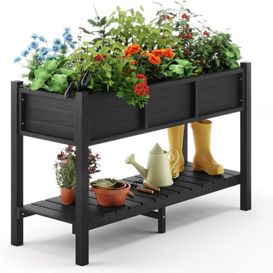 LUE BONA Raised Garden Bed with Tools, 47*18*29 in, Poly Elevated Planter Box with Legs And Storage Shelf, Weather Resistant, 3-Year Warranty, Standing Growing Bed Herb Planter for Vegetable, Black