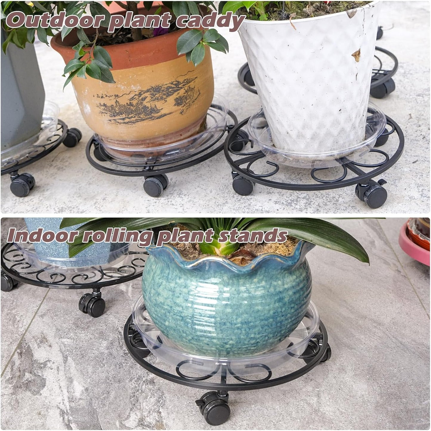 3 Packs 13.5" Metal Plant Caddy with Wheels Large Rolling Plant Stands Indoor Wheeled Plant Dolly Heavy-duty Planter Mover Roller Base Outdoor Plant Trolley Cart Water-proof, Plant Saucers on Wheels