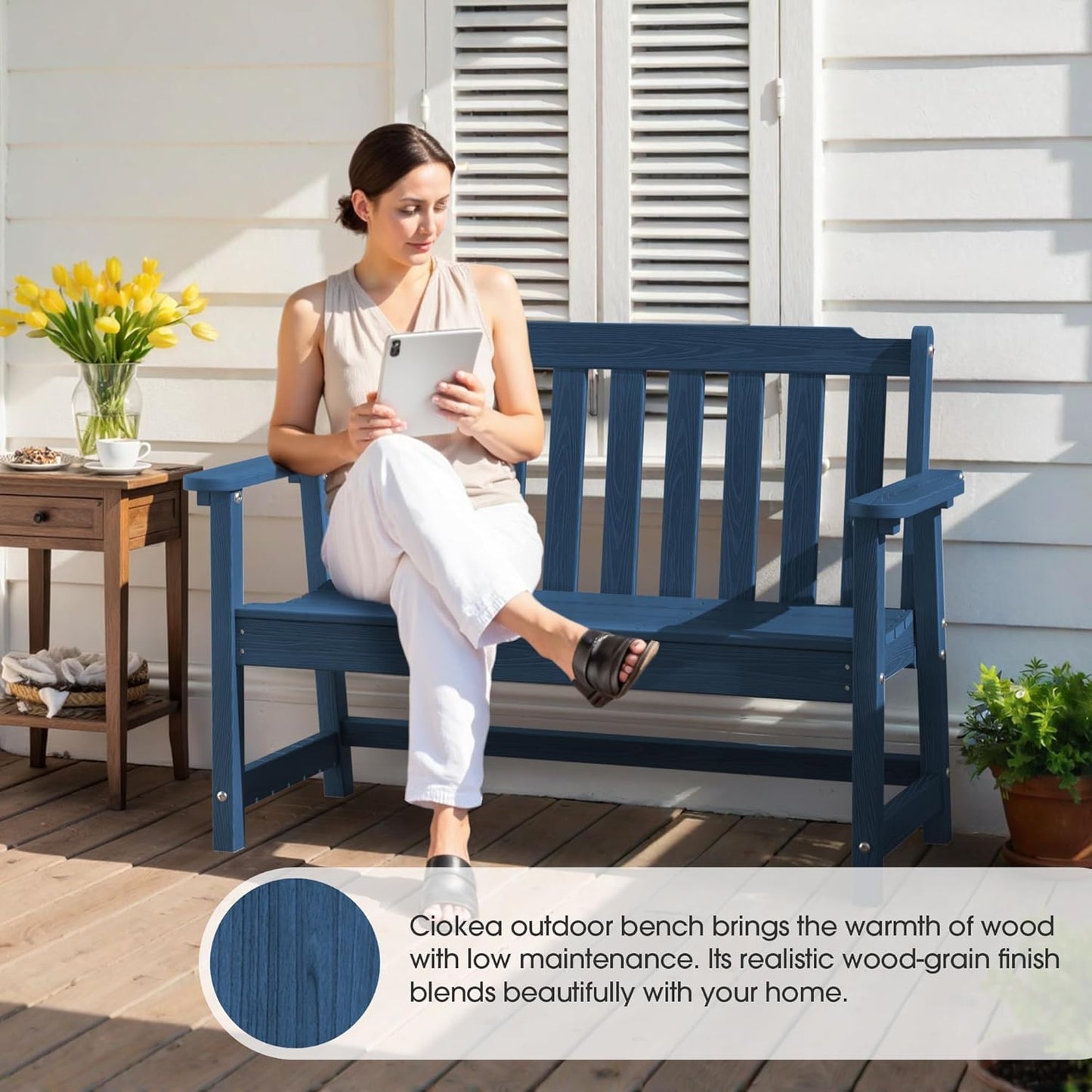 Ciokea 46" Heavy Duty Outdoor Bench Set of 2, HDPE Weatherproof Garden Bench, 2-Person Memorial Benches with 660 Lbs, Waterproof Patio Porch Benches for Outside Business Office Backyard, Navy Blue