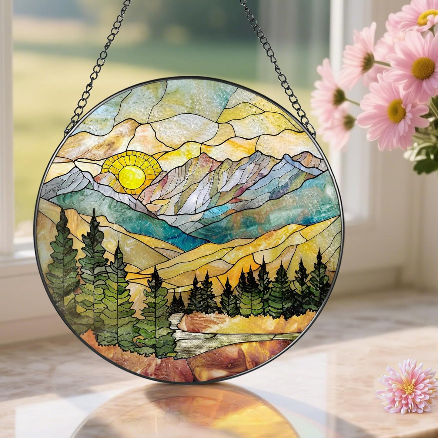 Stained Glass Window Hanging - 8 Inch Mountain Range Suncatcher for Window Doors Home Decoration, Valentine's Day Mother's Day Christmas Birthday Gifts for Women, Men, and Mom Grandma