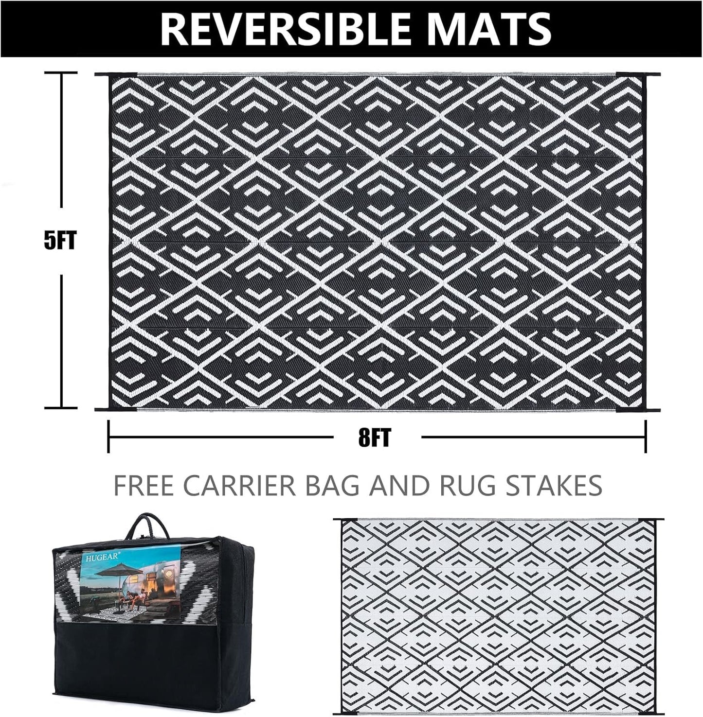 Outdoor Rug Mats, Large Waterproof Outdoor Area Rug, Reversible Portable Outdoor Plastic Straw Carpet for RV Deck Camping Front Door Indoor Outside Porch Picnic (5x8ft Geometric Black&White)