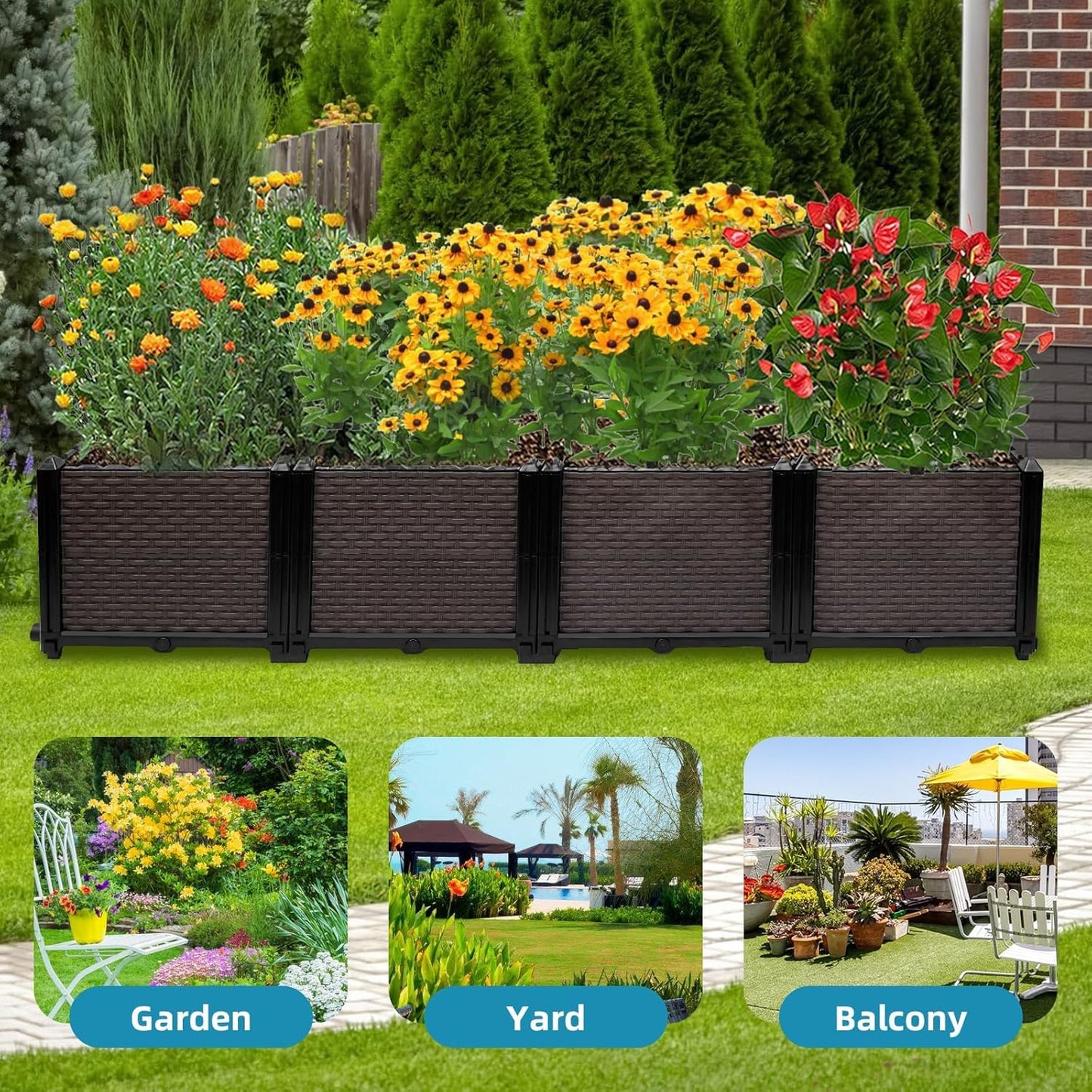 Large Raised Planter Box Outdoor Self Watering 62.9"x15.7"x14.2" , Deep Raised Garden Bed - Elevated Garden Box with Drainage Plug, Rectangular Garden Planter Perfect for Patio Balcony Deck