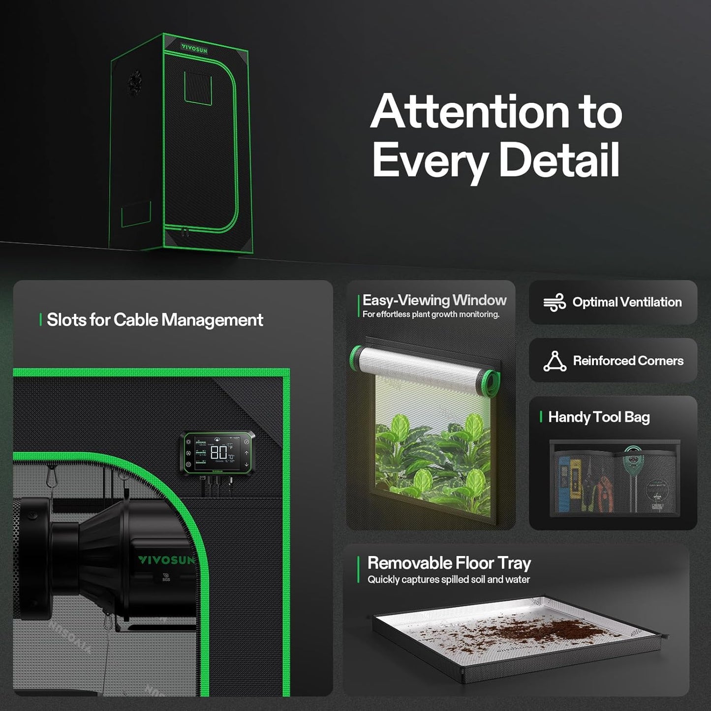 VIVOSUN S224 2x2 Grow Tent, 24"x24"x48" High Reflective Mylar with Observation Window and Floor Tray for Hydroponics Indoor Plant for VS1000