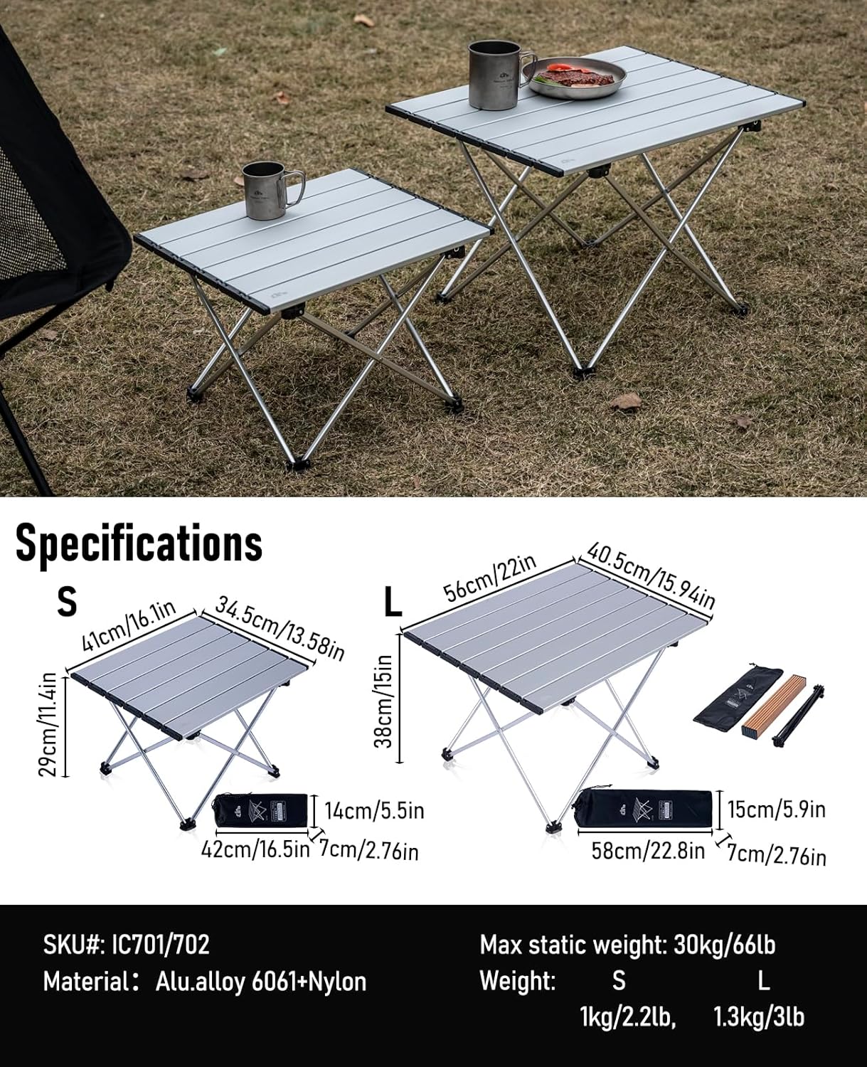 iClimb Ultralight Compact Camping Folding Table with Carry Bag (Silver - L)