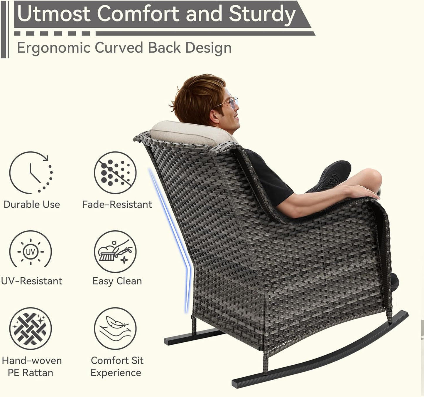 Outdoor Rocking Chair of 2, Wicker Patio Rocker Chair for Yard, Porch, Mixed Brown Grey Rattan, Beige Cushions