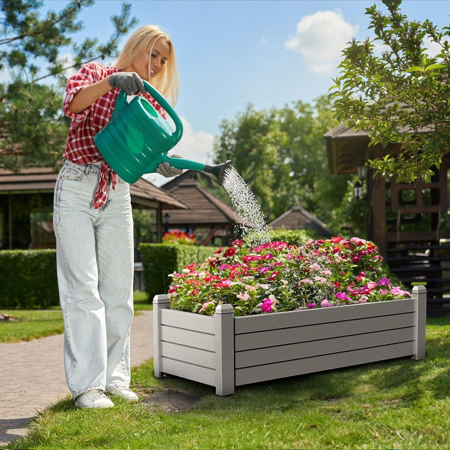 Elevated Raised Garden Bed,Outdoor Large Resin Patio Planter Box Stand Divisible with Drain Plug,Water Monitor for Plants Vegetables Flowers Fruits(Grey)