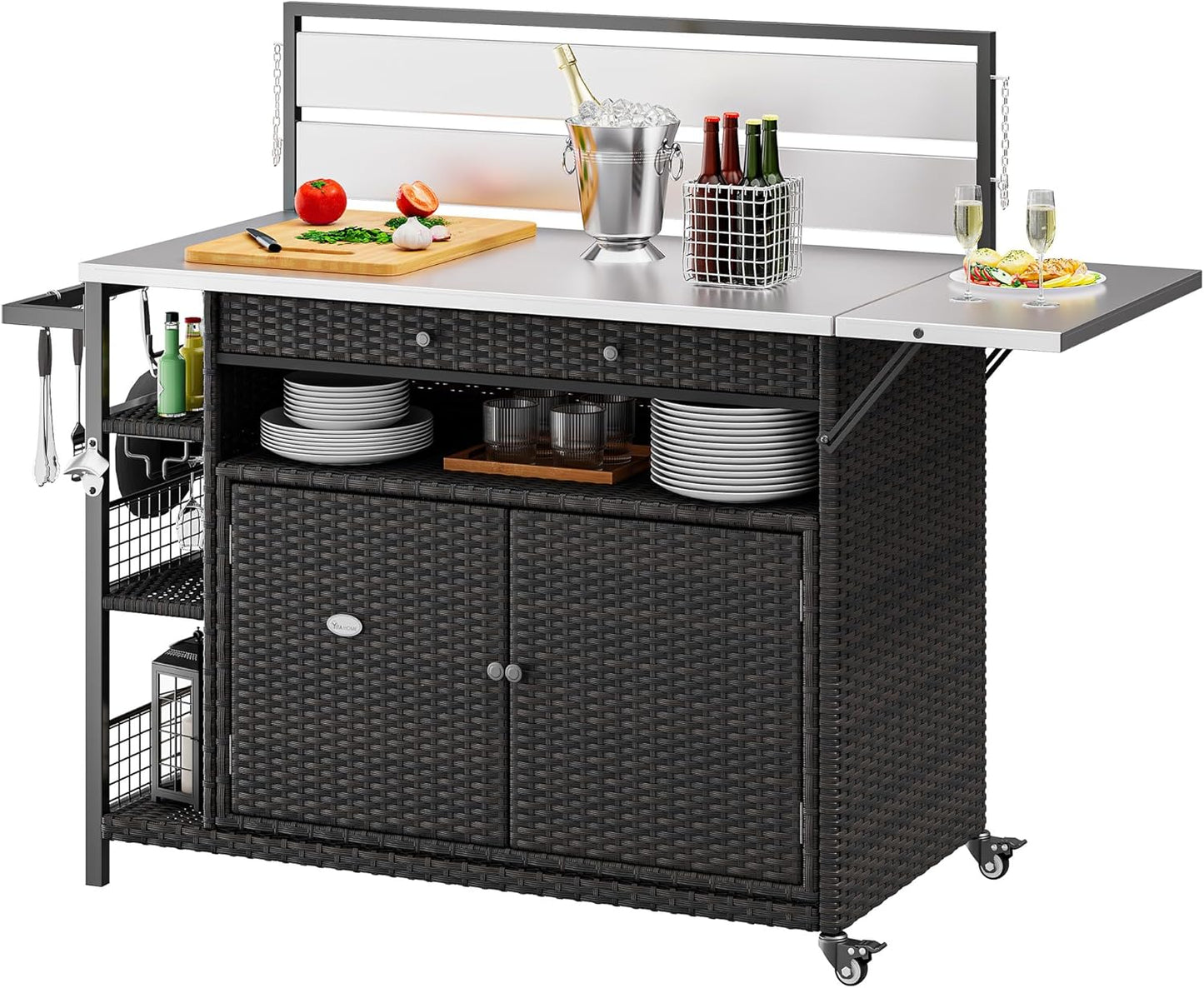 YITAHOME XL Outdoor Kitchen Island, Outdoor Bar Table & Storage Cabinet, Wheels and Stainless Steel Extended Table Top, Side Handle for Patio Kitchen or Bar Cart, Dark Brown