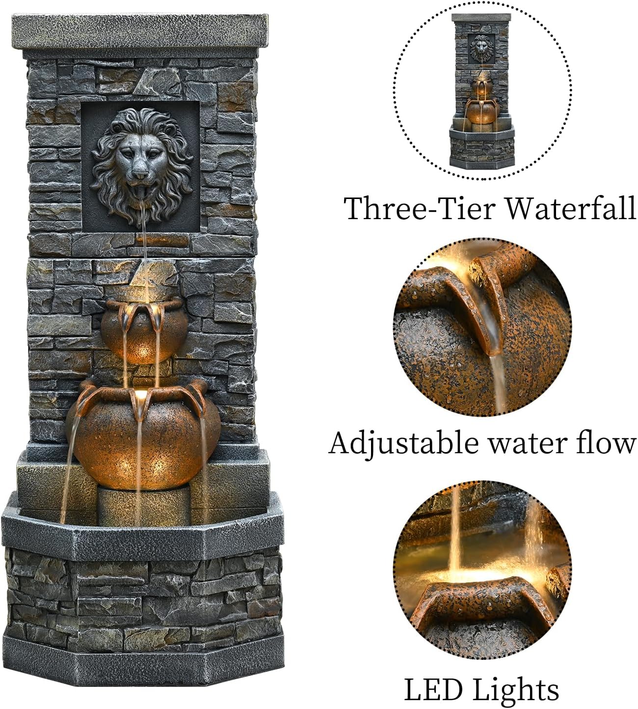 42'' Outdoor Garden Floor-Standing Water Fountain Lion Head Stone with Lights Outdoor Waterfall for Patio, Backyard, Deck, Porch and Home Art Decor