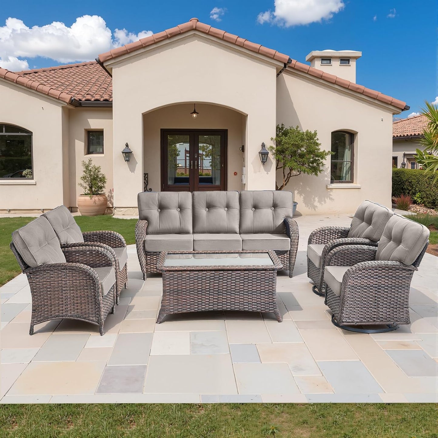 4-Piece Rotating Balcony Chair Set with 31-inch T-Shaped Wide backrest - Rattan Outdoor Rotating Balcony Chairs, Wide backrest Comfortable Outdoor Sliding Chair - Brown | Grey