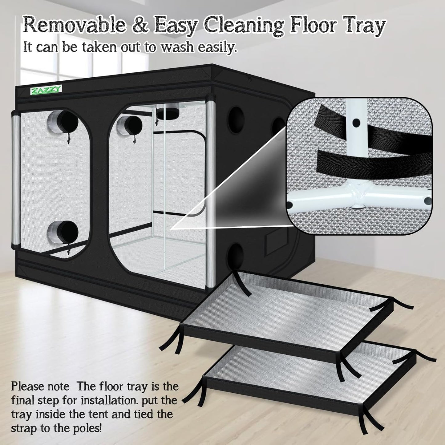 zazzy Growing Tent, 120"x120"x78" Grow Tent High Reflective Mylar with Observation Window and Removable Floor Tray for Hydroponics Indoor Plant Growing 10x10