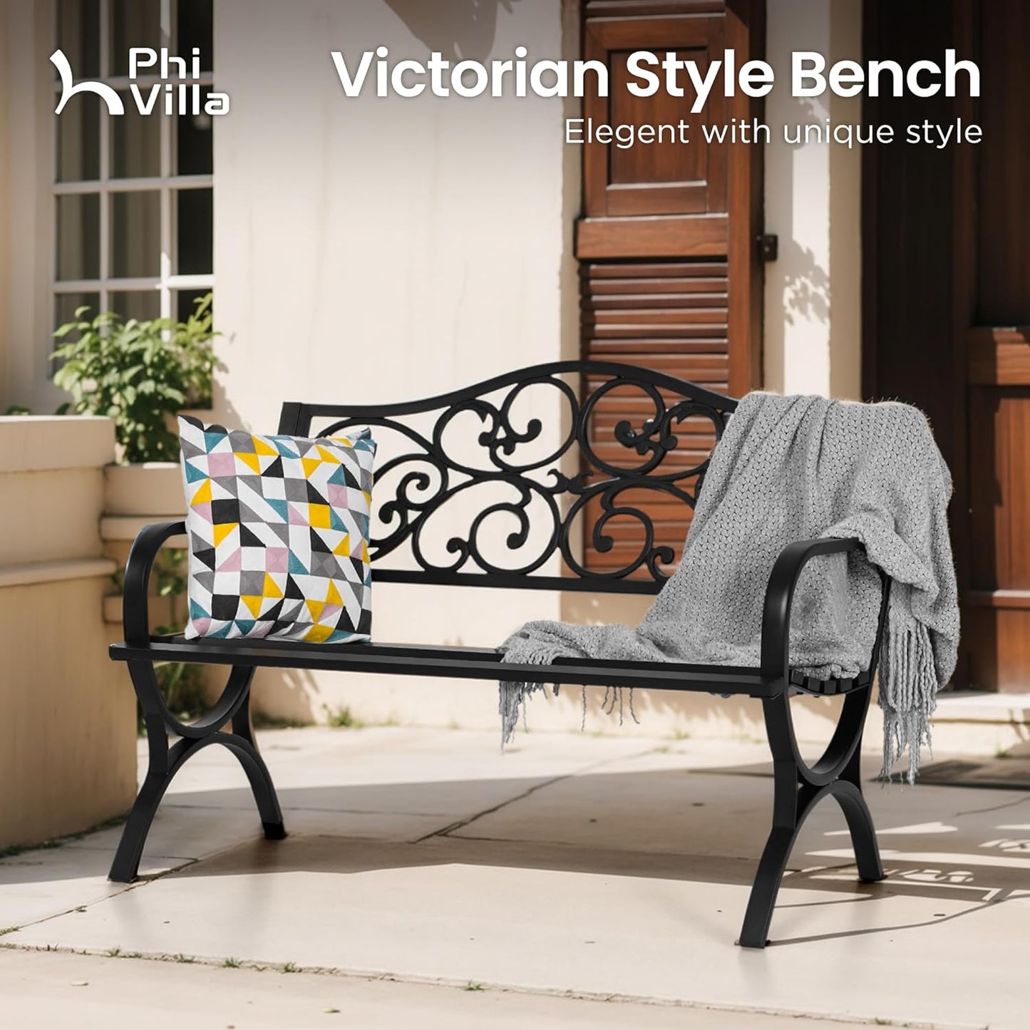 PHI VILLA 50-Inch Cast Iron Steel Frame Garden Bench Outdoor Patio Bench Chair w/Floral Design Backrest, Slatted Seat for Park, Yard & Porch, Black