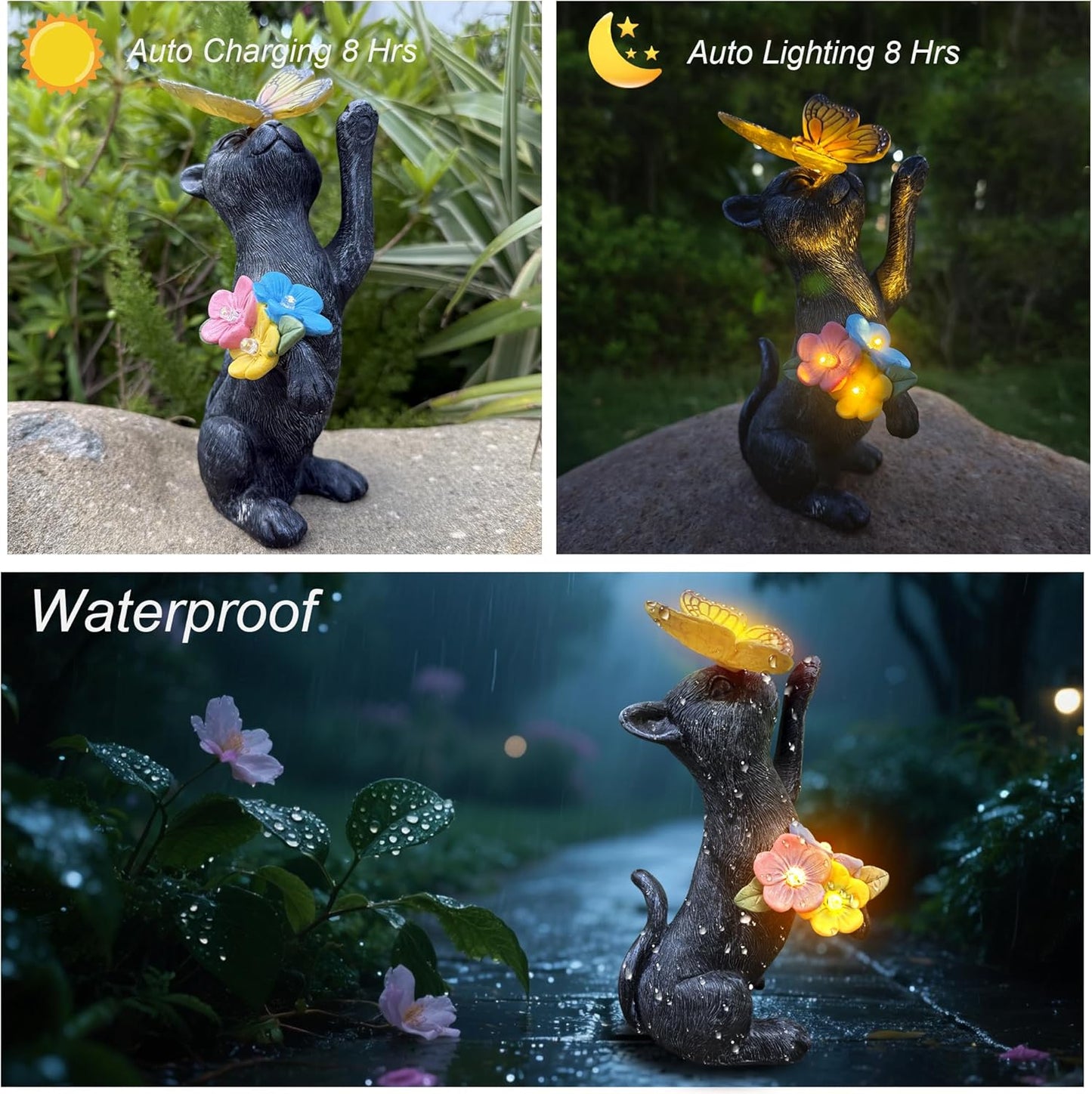 Solar Cat Garden Decoration Outdoor Statues - Cat with Butterfly Flowers Decorative Figurine for Yard Patio Lawn Porch Pathway Landscape Ornament Funny Birthday Gift for Mom Women
