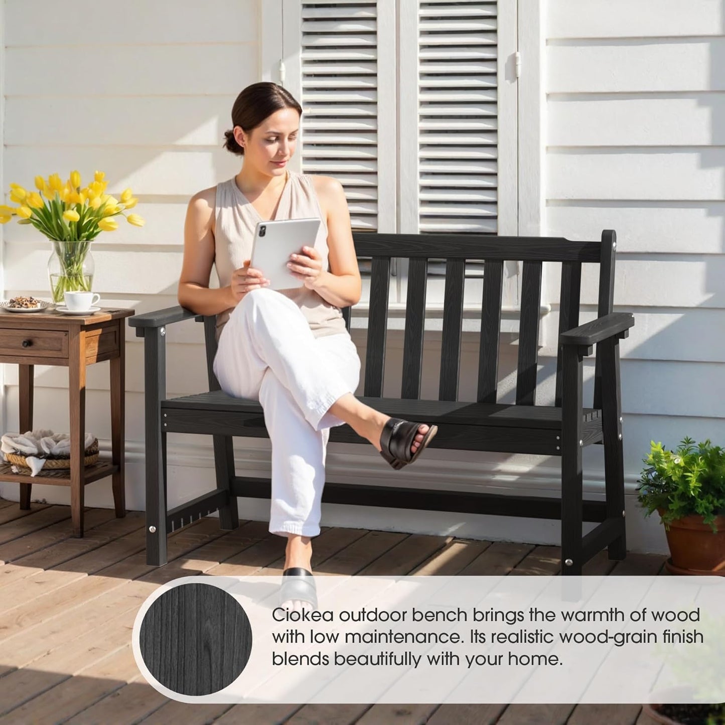 Ciokea 44" Outdoor Bench Set of 2, HDPE Weatherproof Garden Bench, 2-Person Memorial Benches with 550 Lbs, Waterproof Patio Porch Benches for Outside Business Deck Office Backyard Balcony, Black