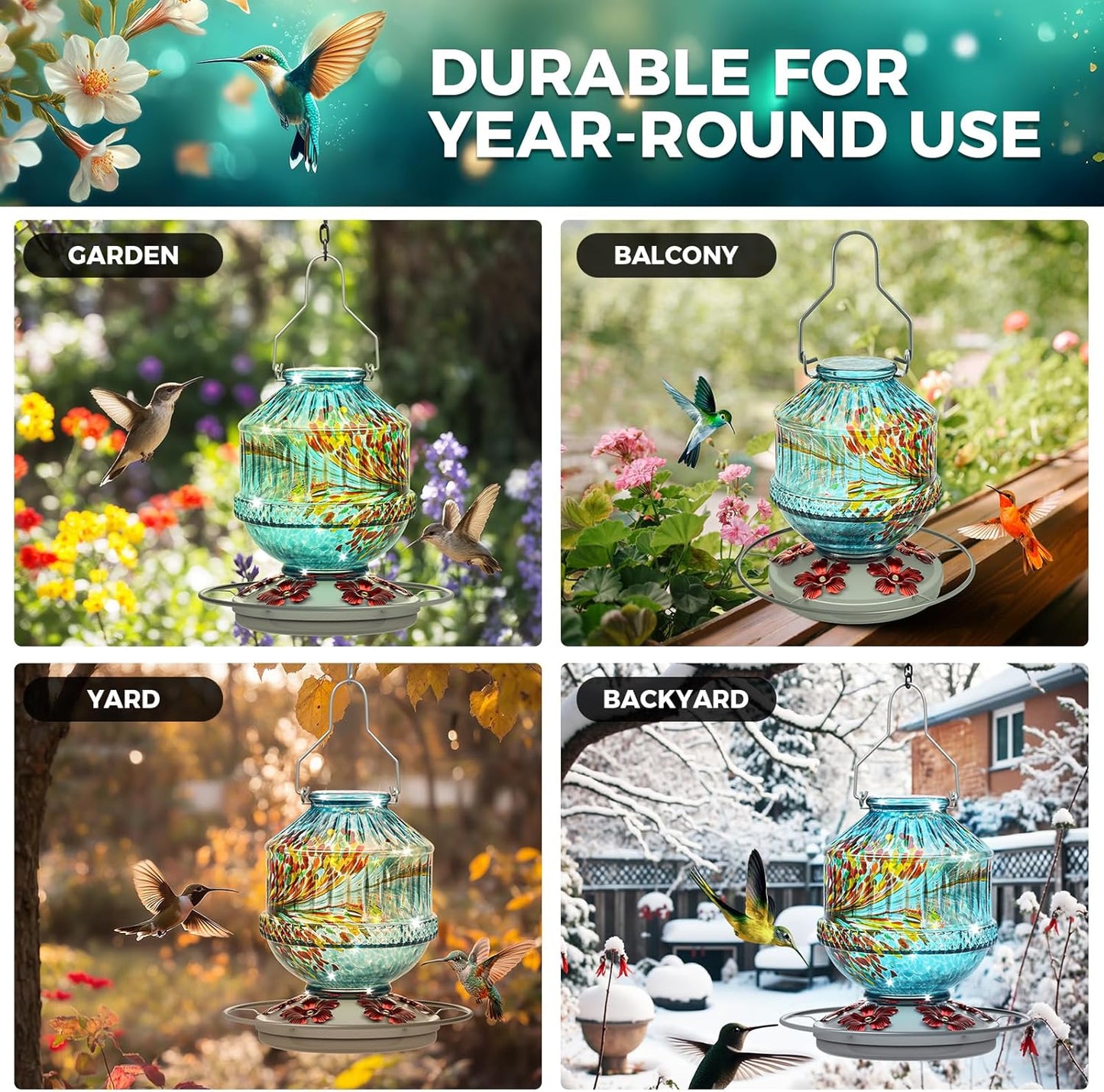 Hand Blown Glass Hummingbird Feeders for Outdoors, 25 Ounces Wild Bird Nectar Feeder with Perch & 5 Flower Feeding Ports Leak Proof Hanging for Garden Backyard Decor, Gifts for Women Mom, Blue