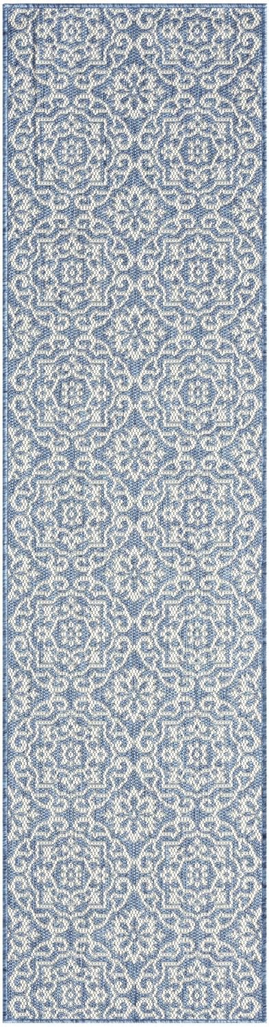 Nicole Miller New York Patio Country Julia Transitional Geometric Indoor/Outdoor Runner Area Rug, Blue/Grey, 1'9"x7'2"