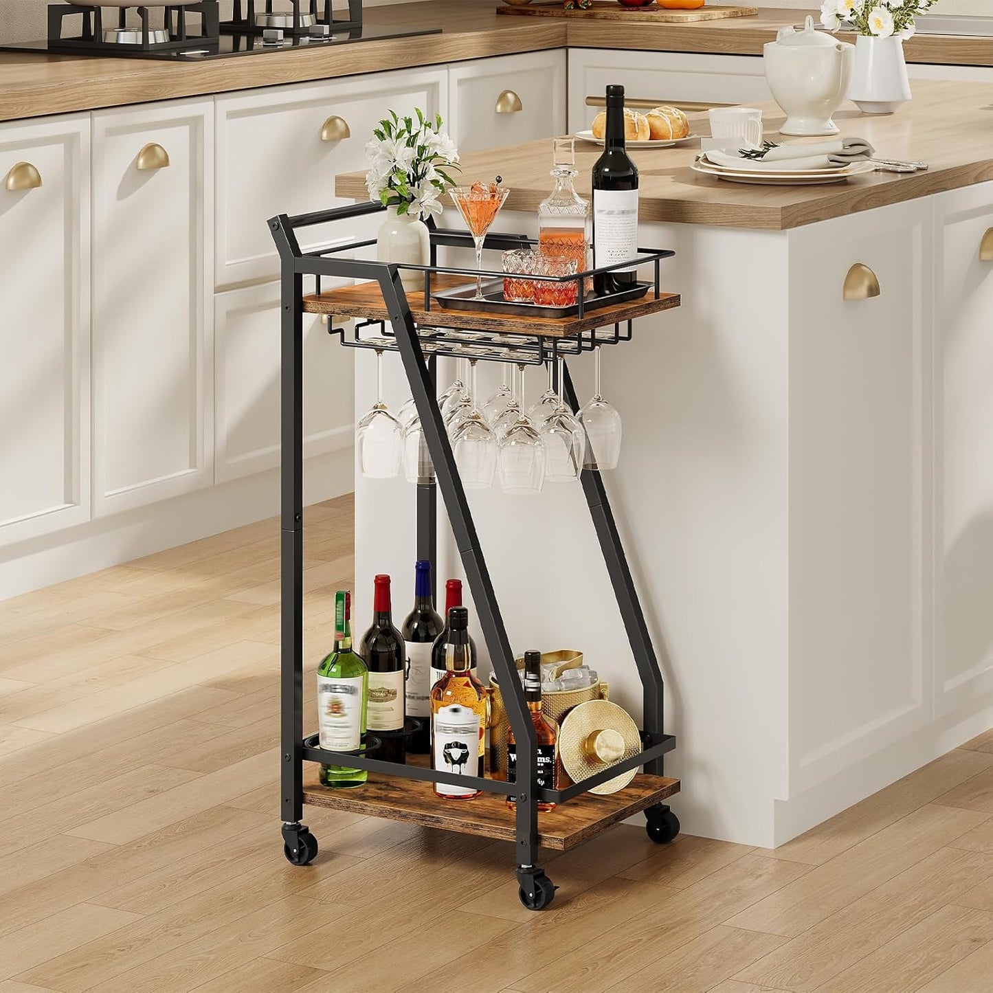HOOBRO Bar Cart, Home Bar Serving Cart, Kitchen Cart, Rolling Beverage Cart & Wine Rack and Glass Holder 2 Storage Shelves, Cocktail Cart for Home Dining Party, Rustic Brown and Black BF27TC01