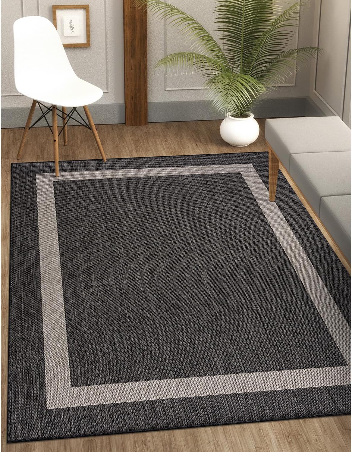 CAMILSON Outdoor Rug 6x9,Modern Outside Rugs for Patios Porches Waterproof Durable Washable Non-Shedding, Easy-to-Clean Indoor Outdoor Area Carpet (6 x 9, Bordered - Dark Gray/Light Gray)