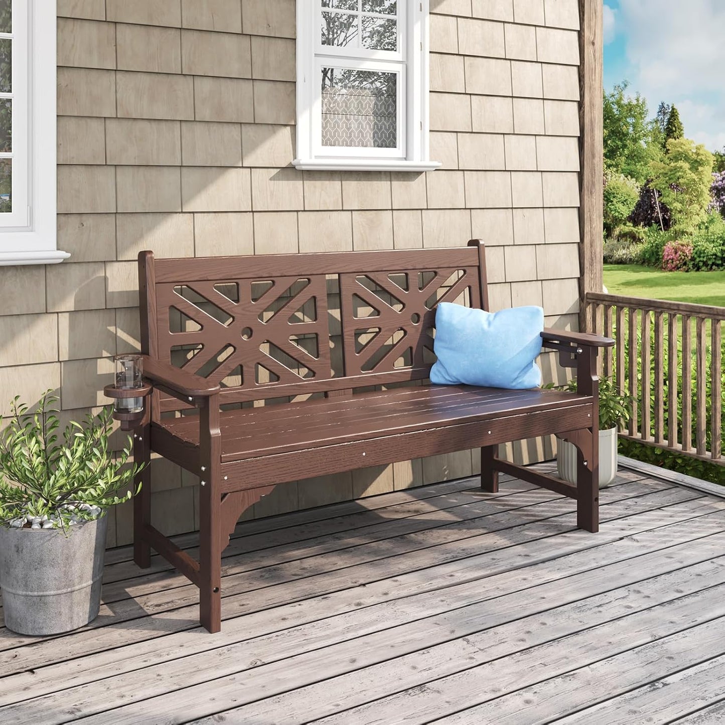 Oversized Outdoor Bench with Cup Holders, 51.5” HDPE Aesthetic Garden Bench for 2 Person, Memorial Benches - Easy Assembly & All Weather, for Porch & Patio, 800lbs Load Capacity (Brown, 1pc)