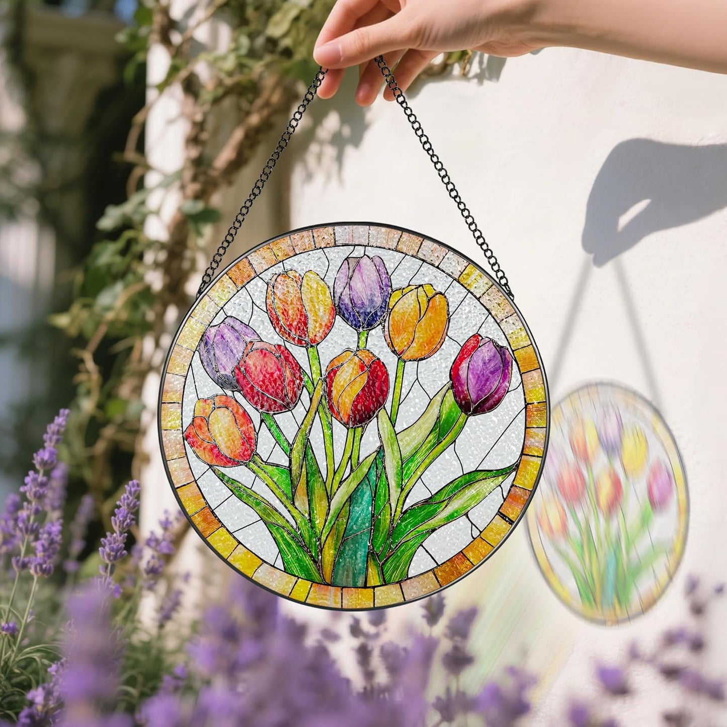 Stained Glass Window Hanging, 8 Inch Tulips Stained Glass Suncatcher, Botanical Lover Gift, Flowers Sun Catcher, Colorful Window Decor, Tulips Housewarming Gifts, Gifts for Mom Her