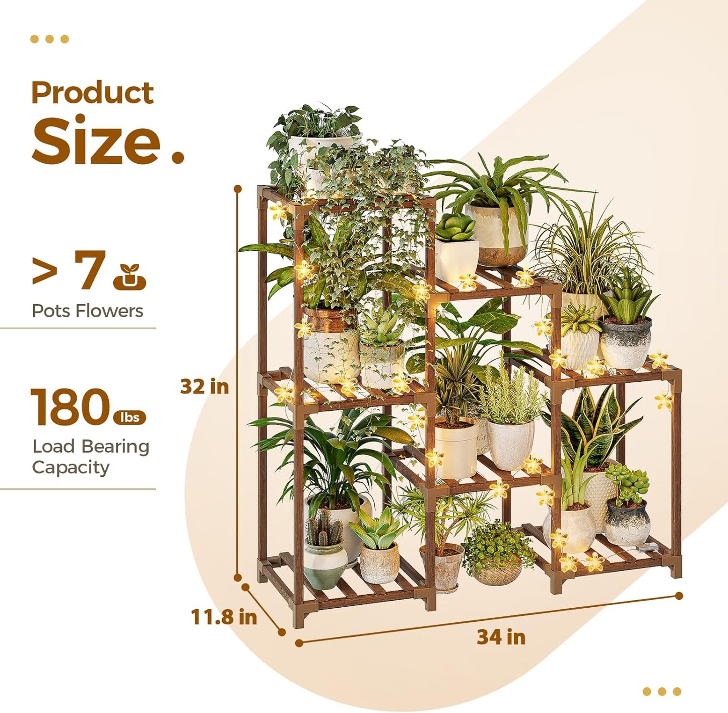 Bamworld Plant Stand Indoor with Flower Fairy Lights Battery Plant Shelf Wood Plant Rack for Multiple Plants 3 Tiers Ladder Plant Holder for 7 Pots for Living Room Home Decor for Gardening Gifts