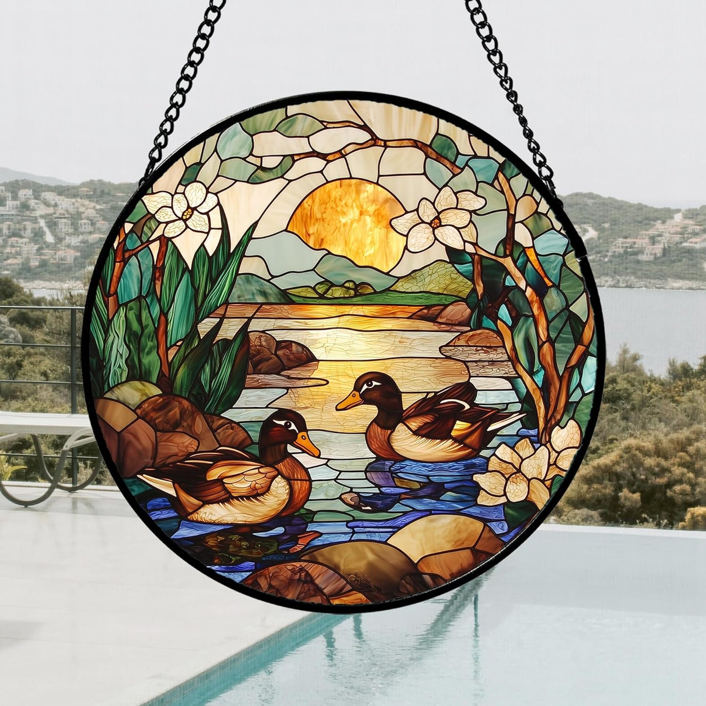 Stained Glass Window Hanging, Ducks in The Pond Sun Catcher for Door Home Decor Landscape Plant Suncatcher Christmas Mother's Day Birthday Gifts for Women Men Mom Nana 15 in