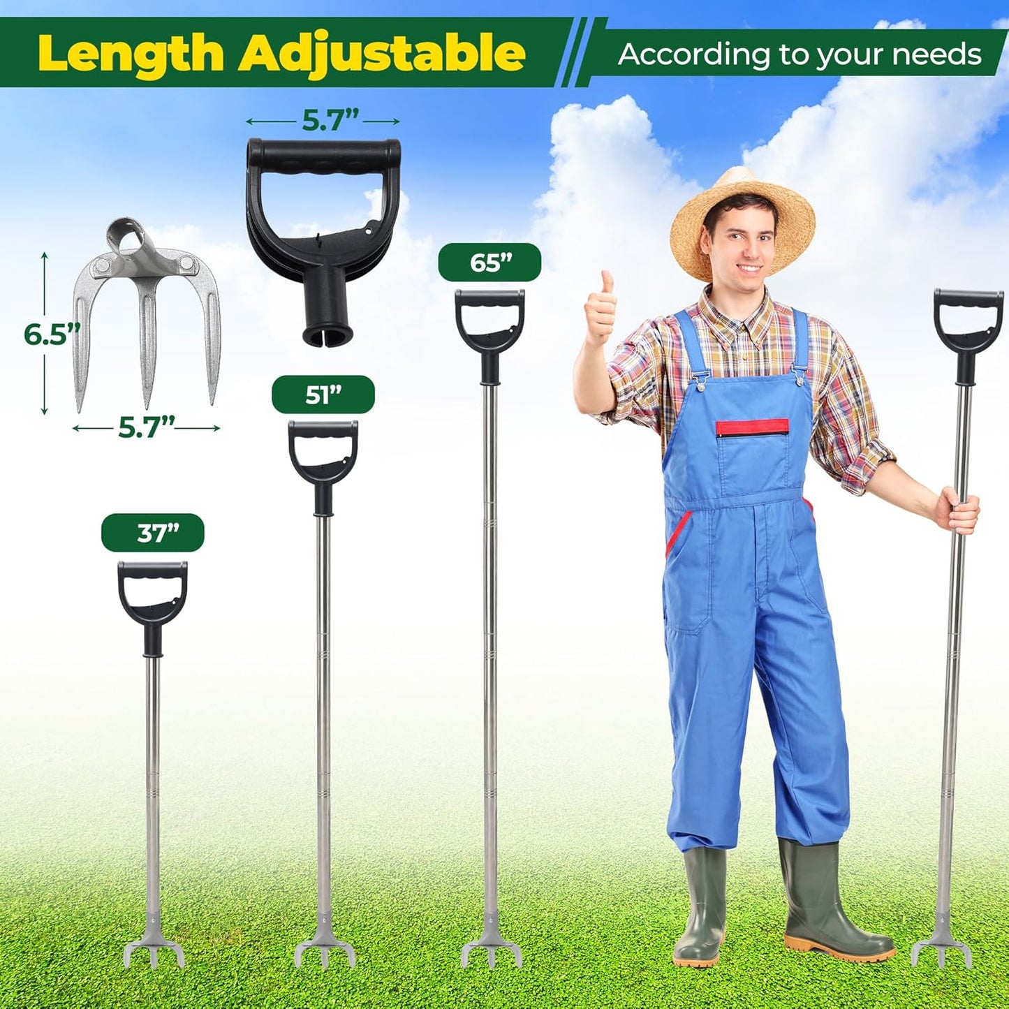 Hand Garden Rake, Adjustable Handle Heavy Duty Garden Cultivator Rake with D-Type Grip for Digging, Weeding, Loosening