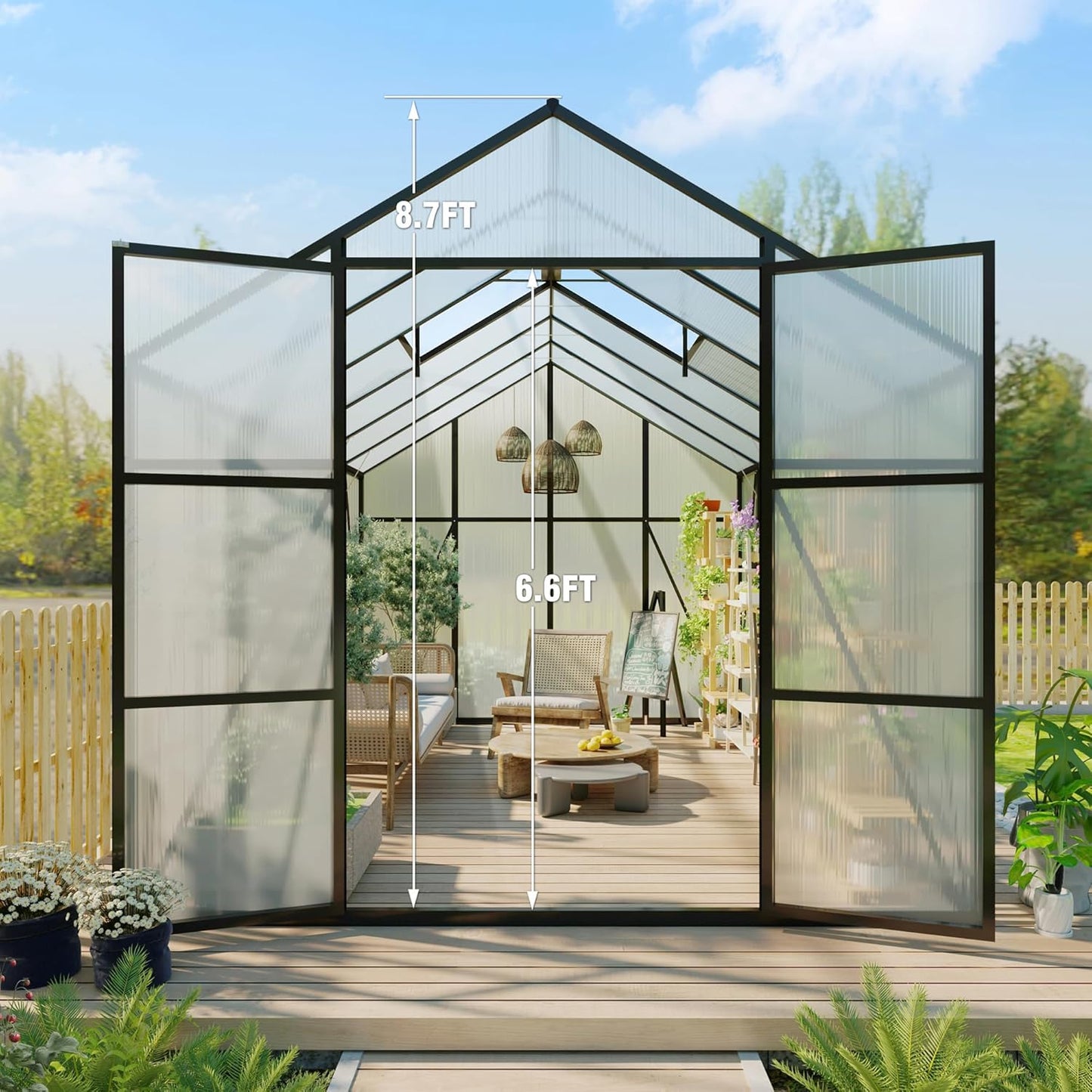 120*144*104in Greenhouse for Outdoors,Polycarbonate Greenhouse with Stronger Wind Protection and Roof Vent,Walk-in Large Aluminum Sunroom Winter Proof,Black