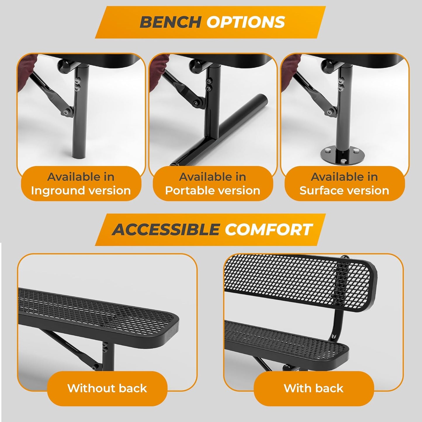 Heavy-Duty Outdoor Metal Bench, Thermoplastic-Coated, Portable, Weatherproof, Commercial-Grade for Parks, Gardens, Patios, Stores & More (8 Ft - Portable with Back, Black)