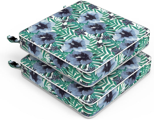 LVTXIII Patio Chair Cushions 22"x22"x3", Water-Repellent Outdoor Seat Cushions for Patio Furniture, Square Chair Pads with Ties for Home Garden Decoration, Set of 2, Blue Salmone Tropical