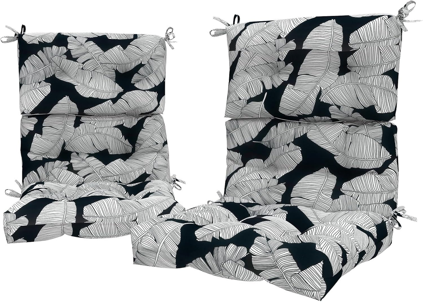 LVTXIII Outdoor Seat/Back Chair Cushion Patio Tufted High Back Cushion, Seasonal Replacement Rocking Chair Cushion with Ties (44” L x 22W”, Set of 2, Black Lush Leaf)