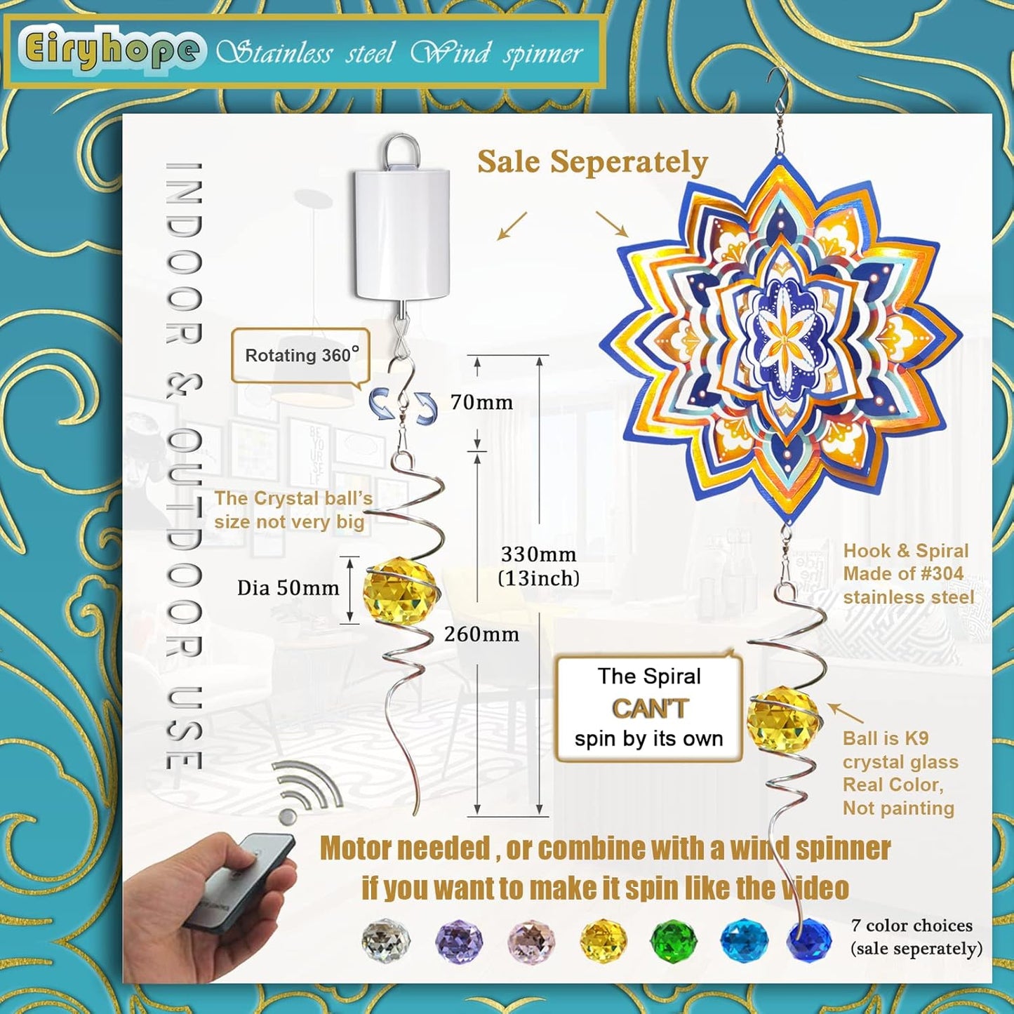 Gazing Ball Spiral Wind Spinner Tail - Golden Crystal Glass Ball | Wind Spinners Stabilizer with S Hook | Hanging Rotating Art for Garden Patio Indoor/Outdoor Creative Ornament & Gift, 13in